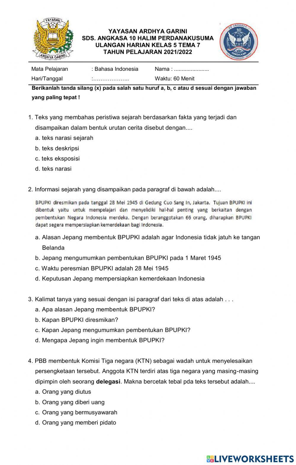 UH Bahasa Indonesia Tema 7 Kelas 5