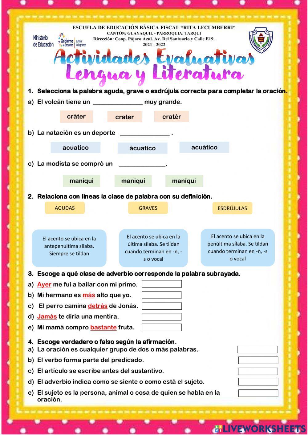 Evaluación Lengua y Literatura free online worksheet | Live Worksheets