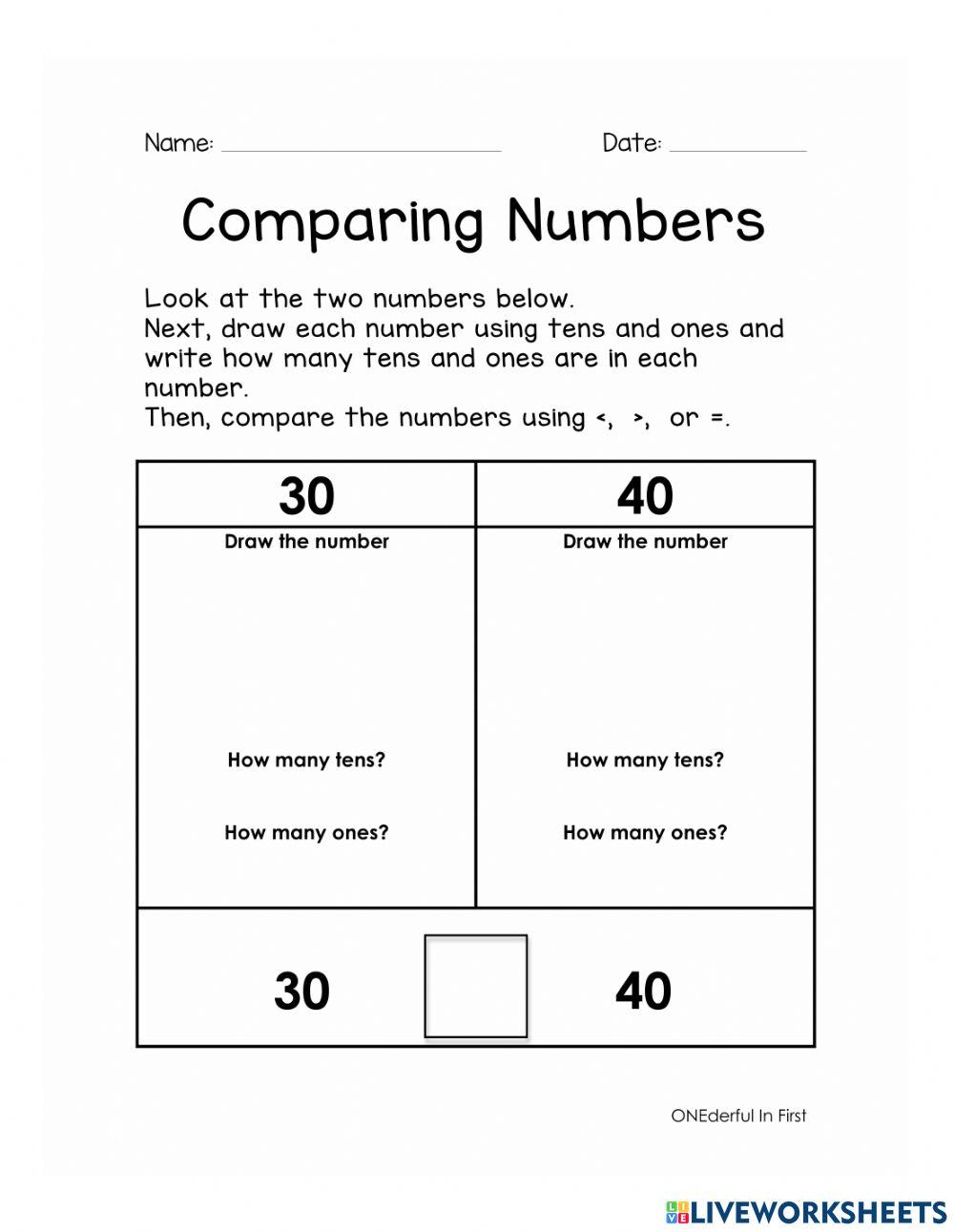 Comparing 2 digit numbers online exercise for Live Worksheets