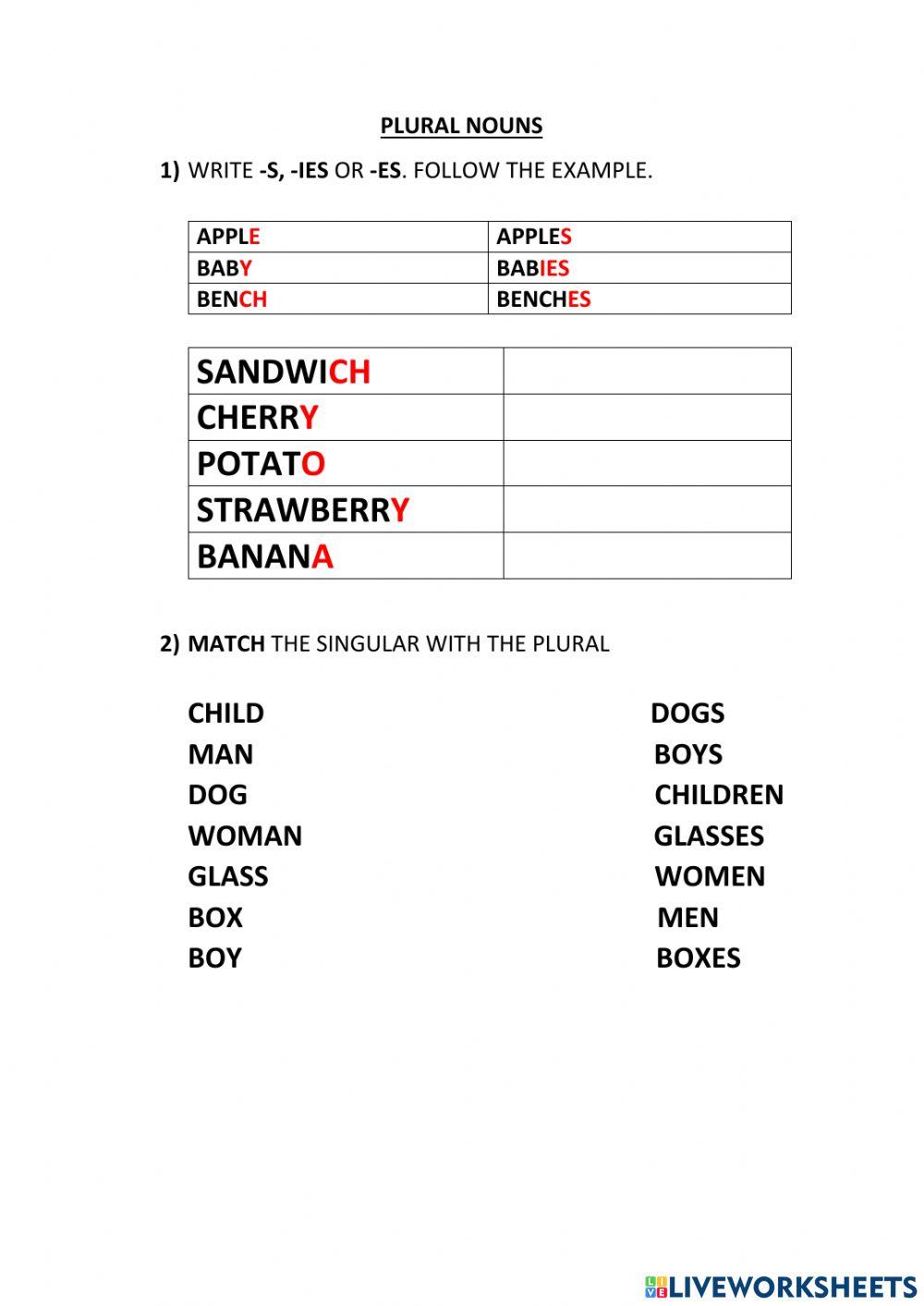 Plural nouns online exercise for STARTERS Live Worksheets