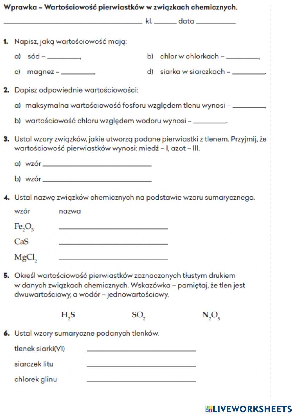 Wartościowość pierwiastków w związkach chemicznych.