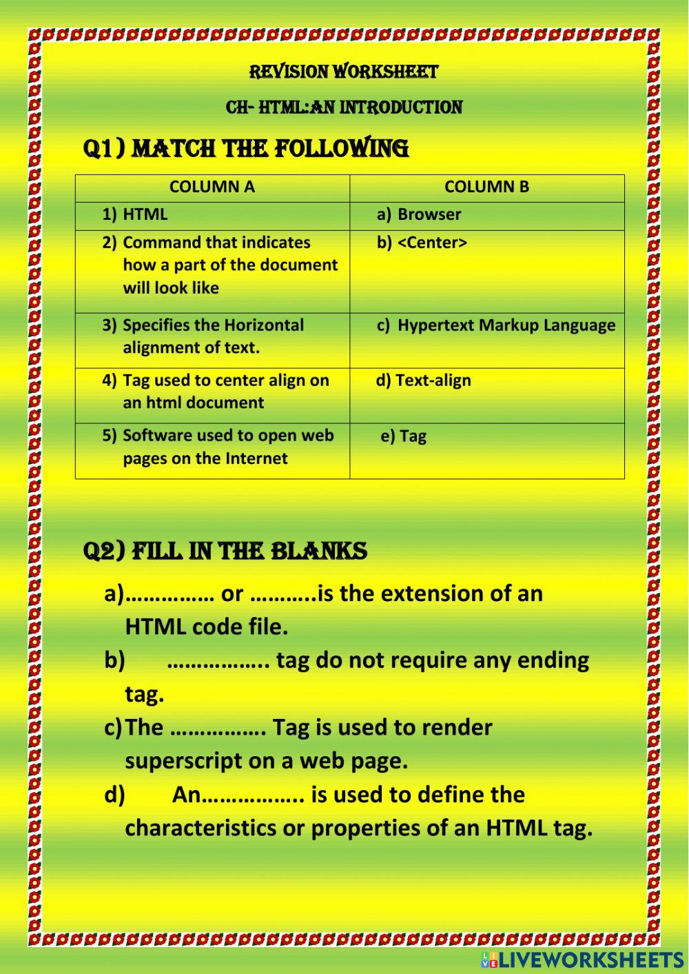REVISION WORKSHEET :HTML INTRODUCTION- 6 2711910