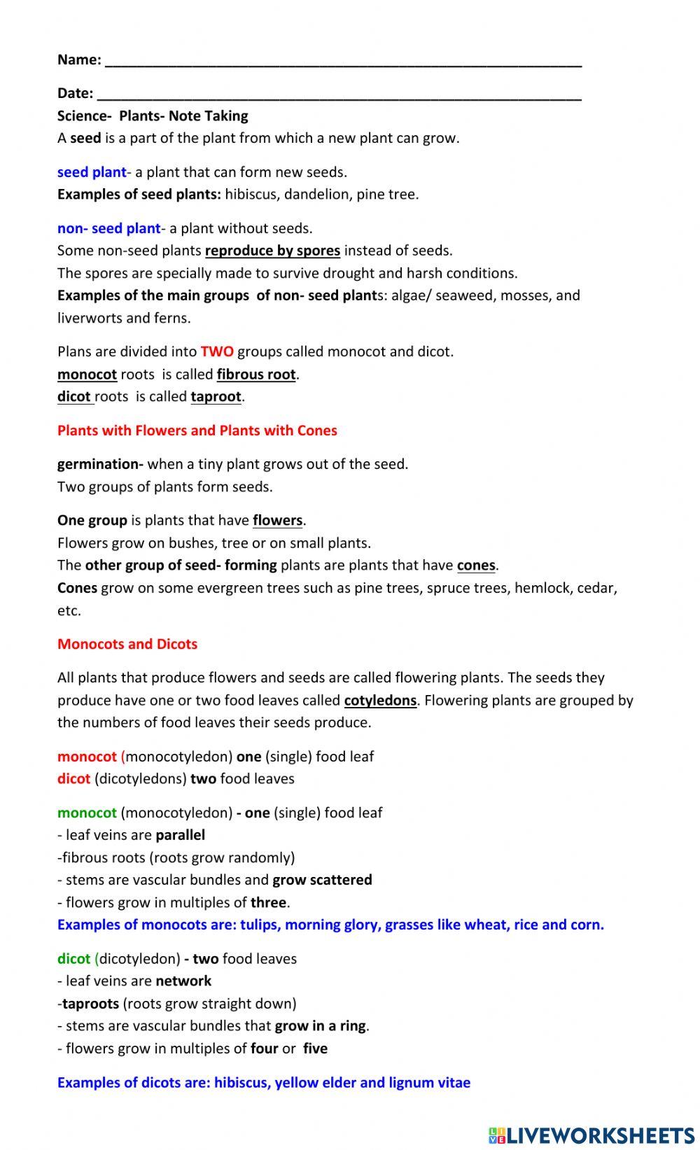 Plants- Seed Plants and Non-Seed Plants And Monocots and Dicots