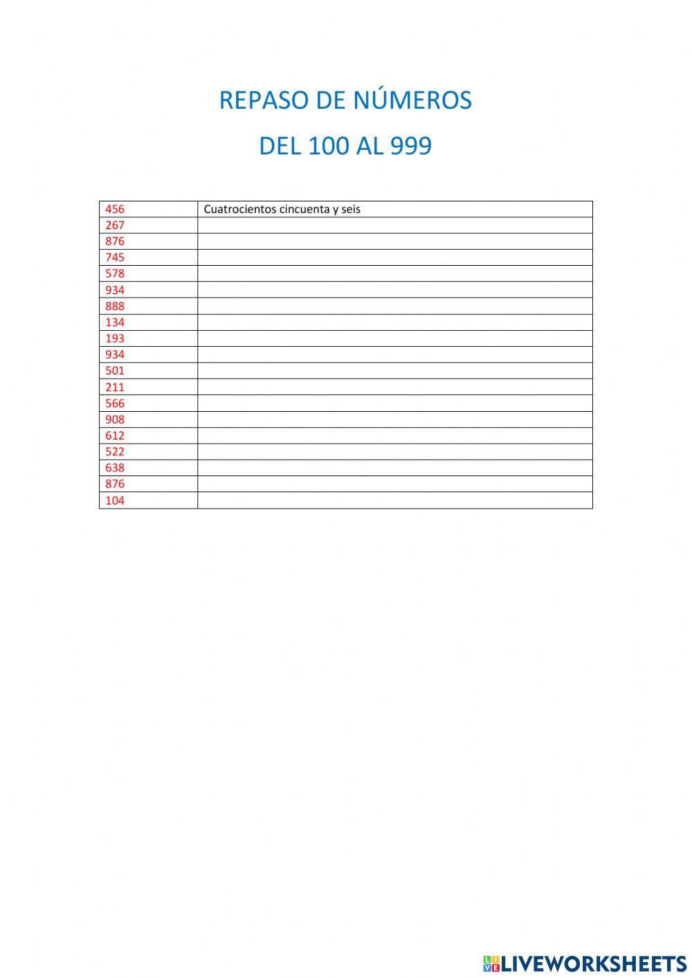 Números del 100 al 999