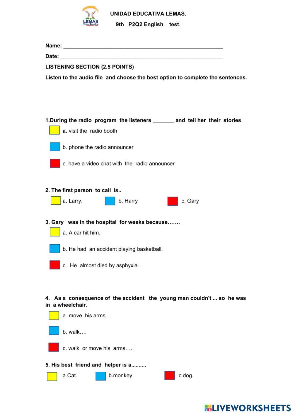 English test p2q2  for 9th EGB