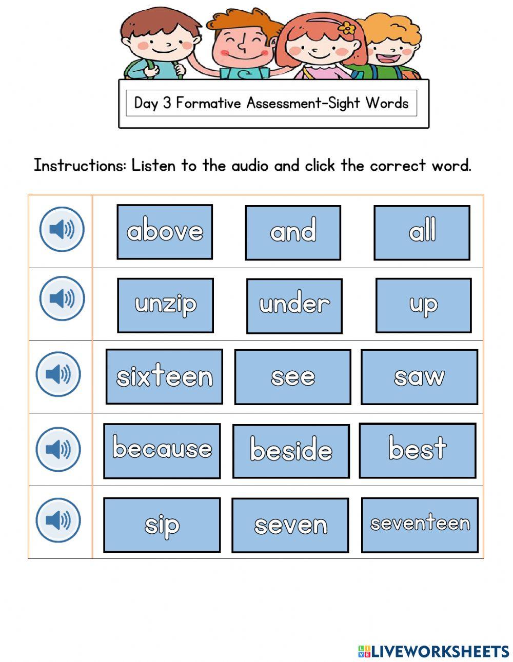 Day 3 Formative Assessment - Sight Words