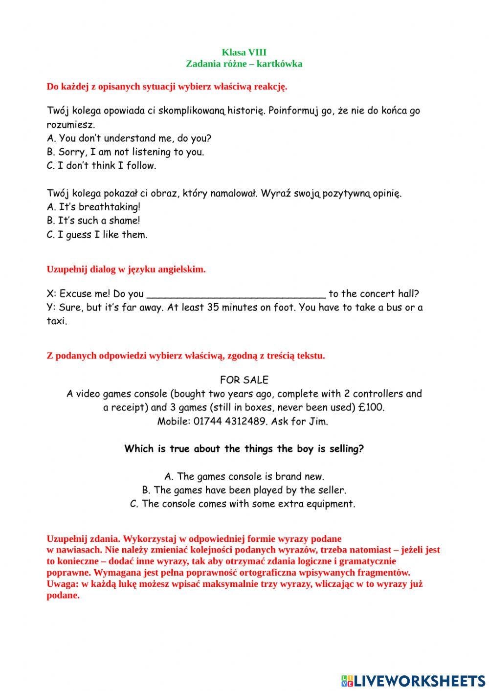 E8 kartkówka nr 1 zadania różne