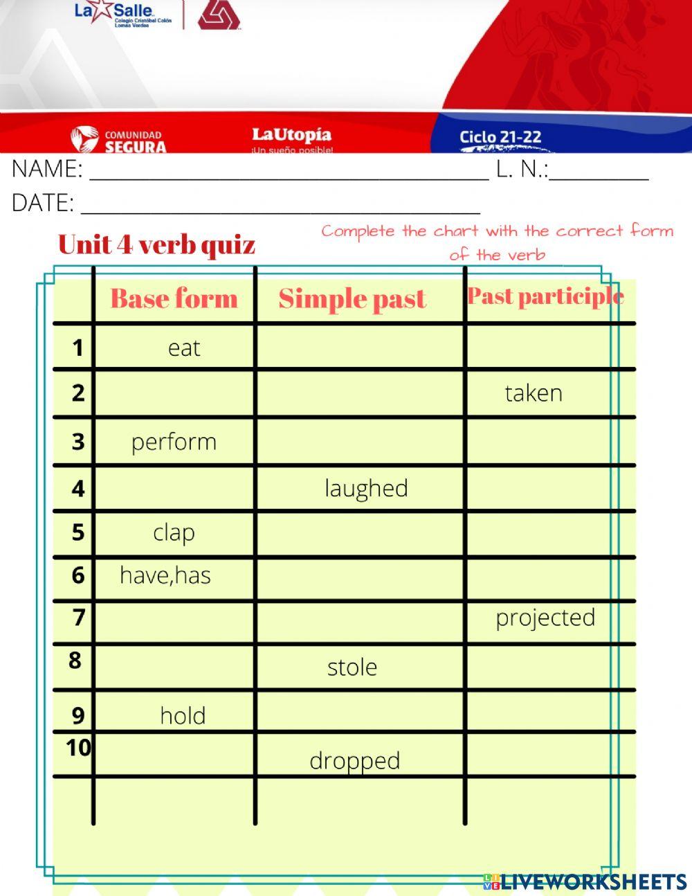 5th grade UNIT 4 VERB QUIZ