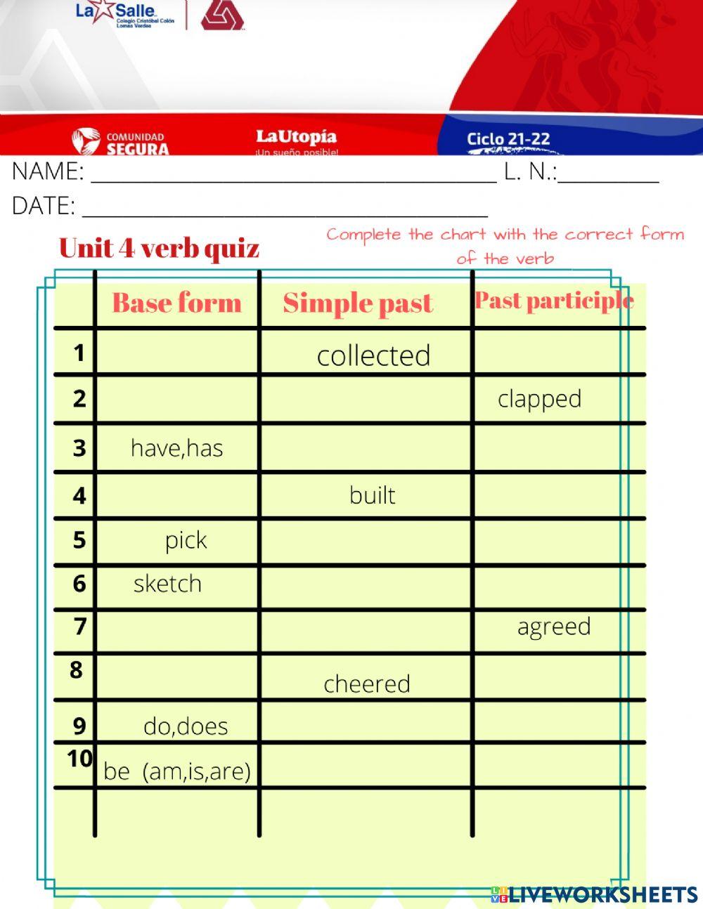 3rd grade Unit 4 verb quiz