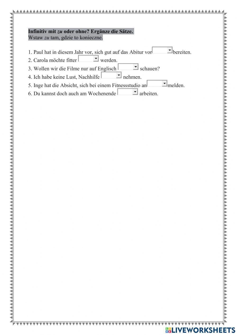 Leseverstehen, Infinitiv mit zu