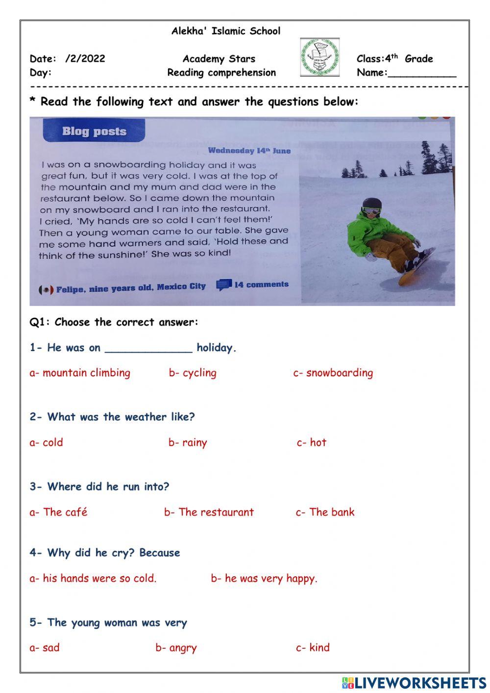 Reading comprehension sheet