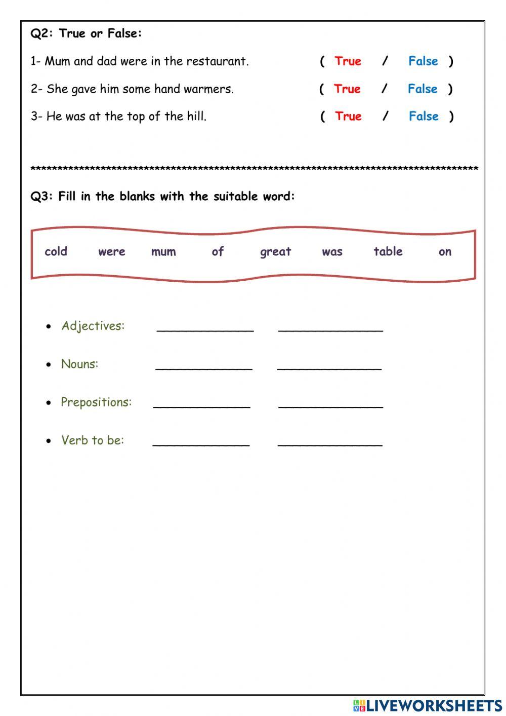 Reading comprehension sheet