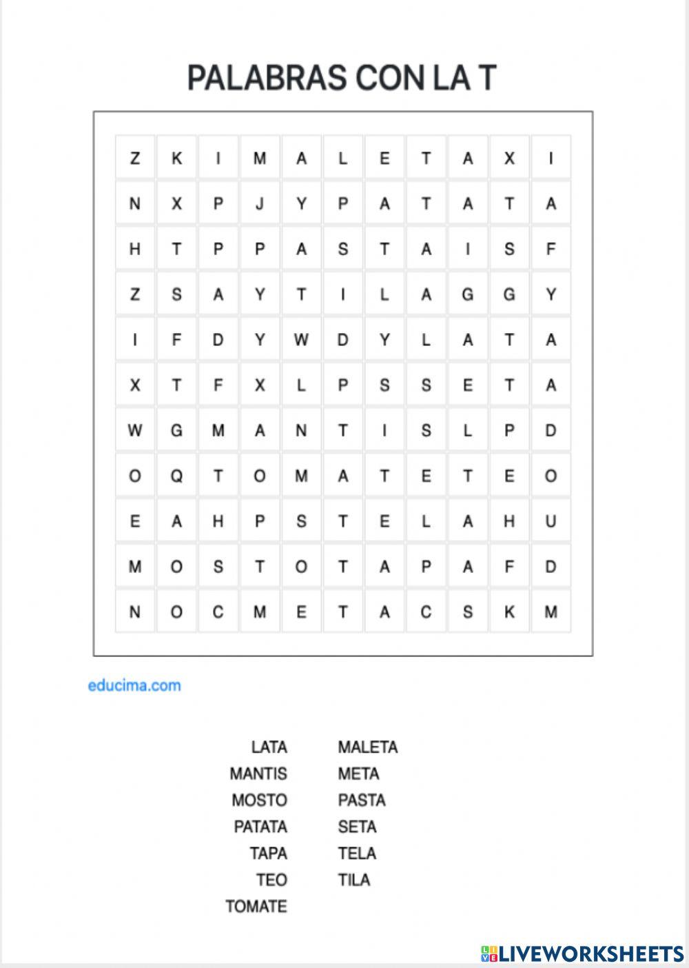 Sopa de letras palabras con la t