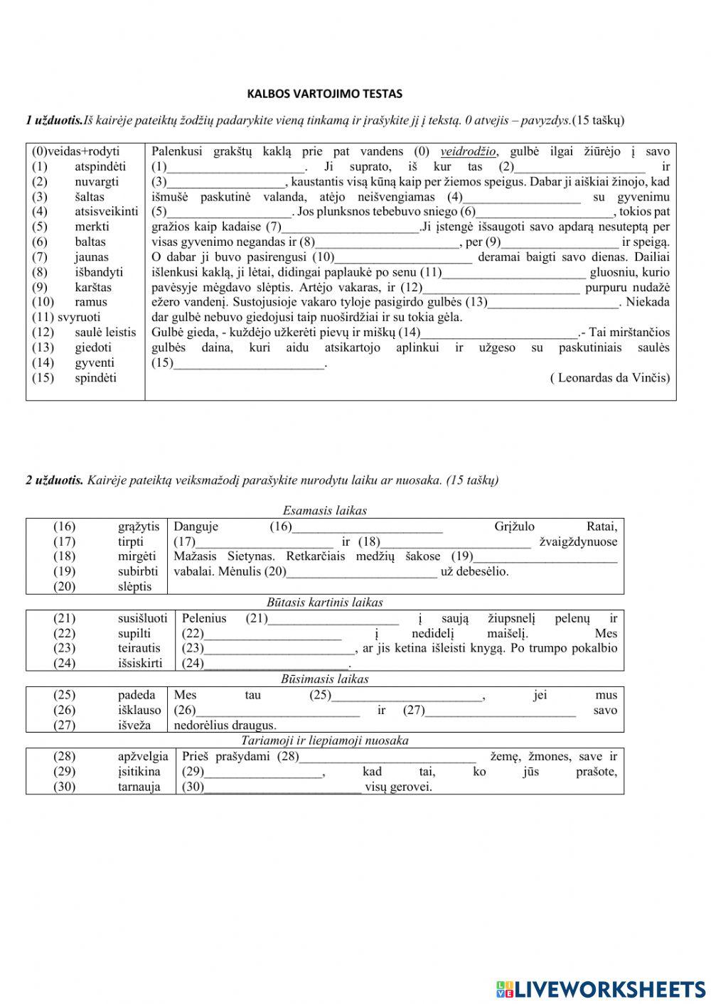 Kalbos Vartojimo Testas Online Exercise For Live Worksheets Kalbos Vartojimo Testas Online Exercise For Live Worksheets
