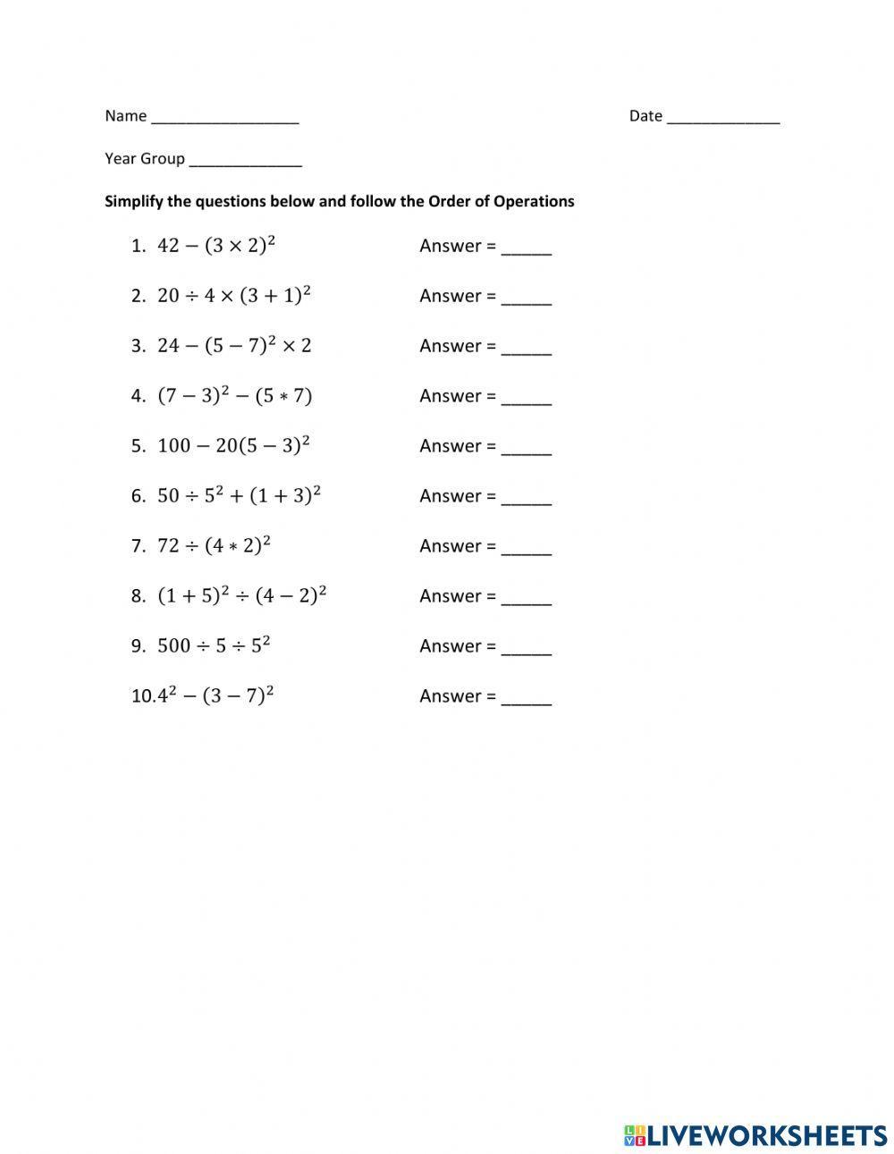 Order of Operations - 3 Steps with Exponents