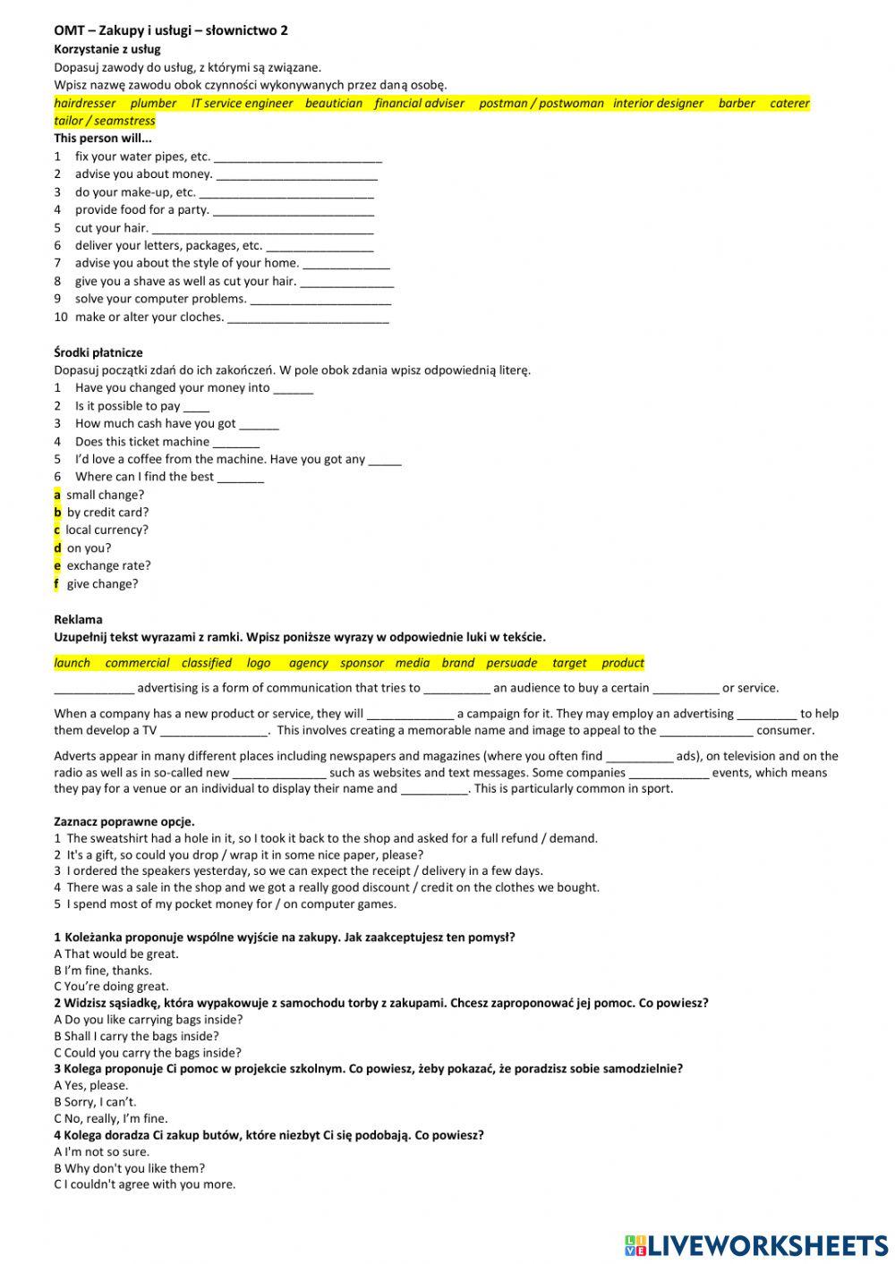 OMT - Zakupy i usługi - słownictwo 2