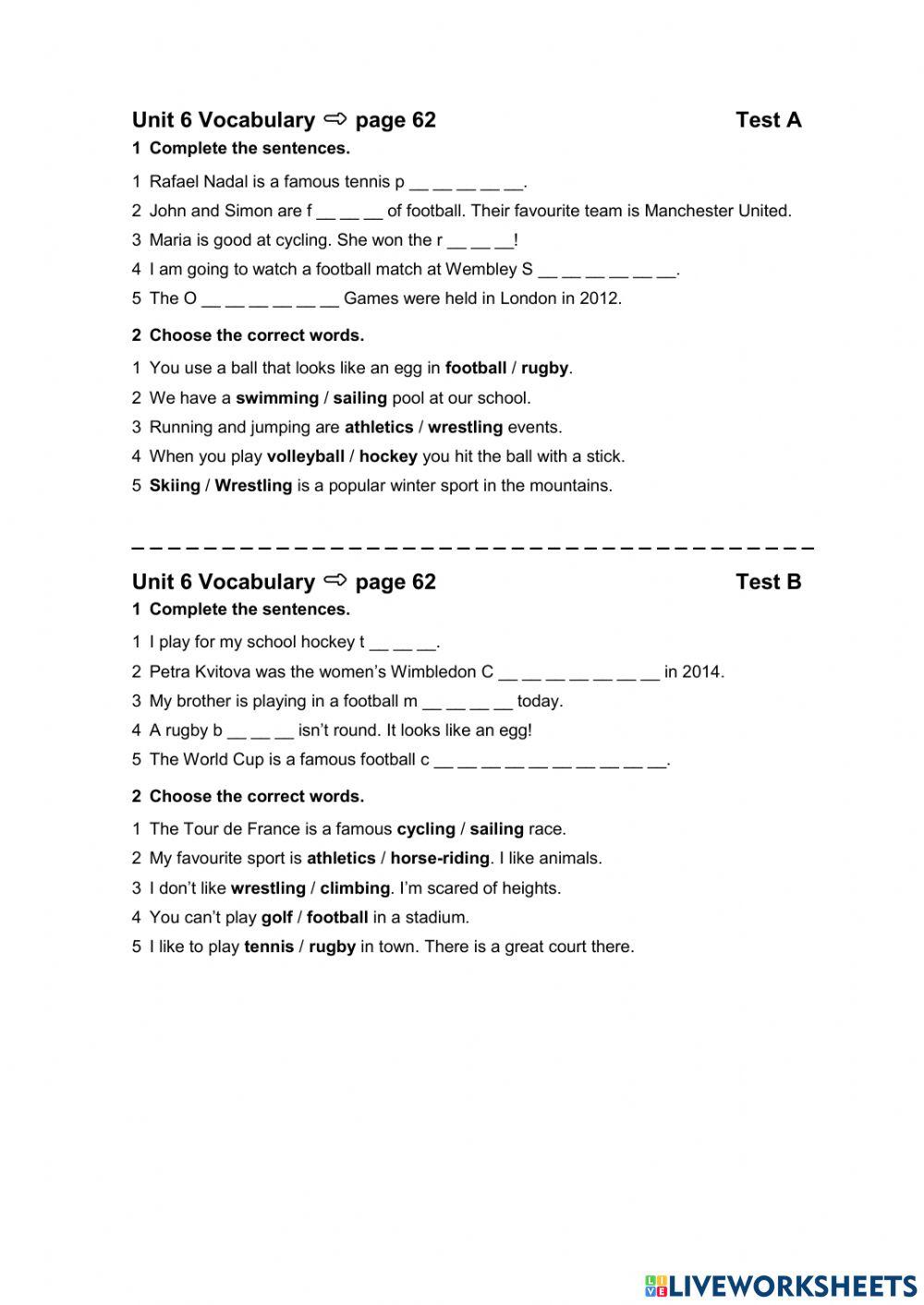 English Plus 1 Unit 6 5 min test