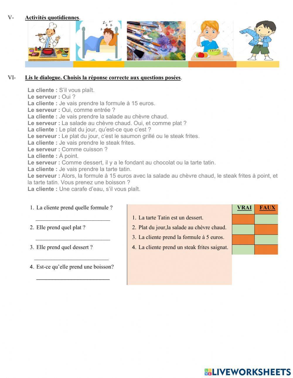 Évaluation- Au restaurant- 2022 4Fevrier 6ème