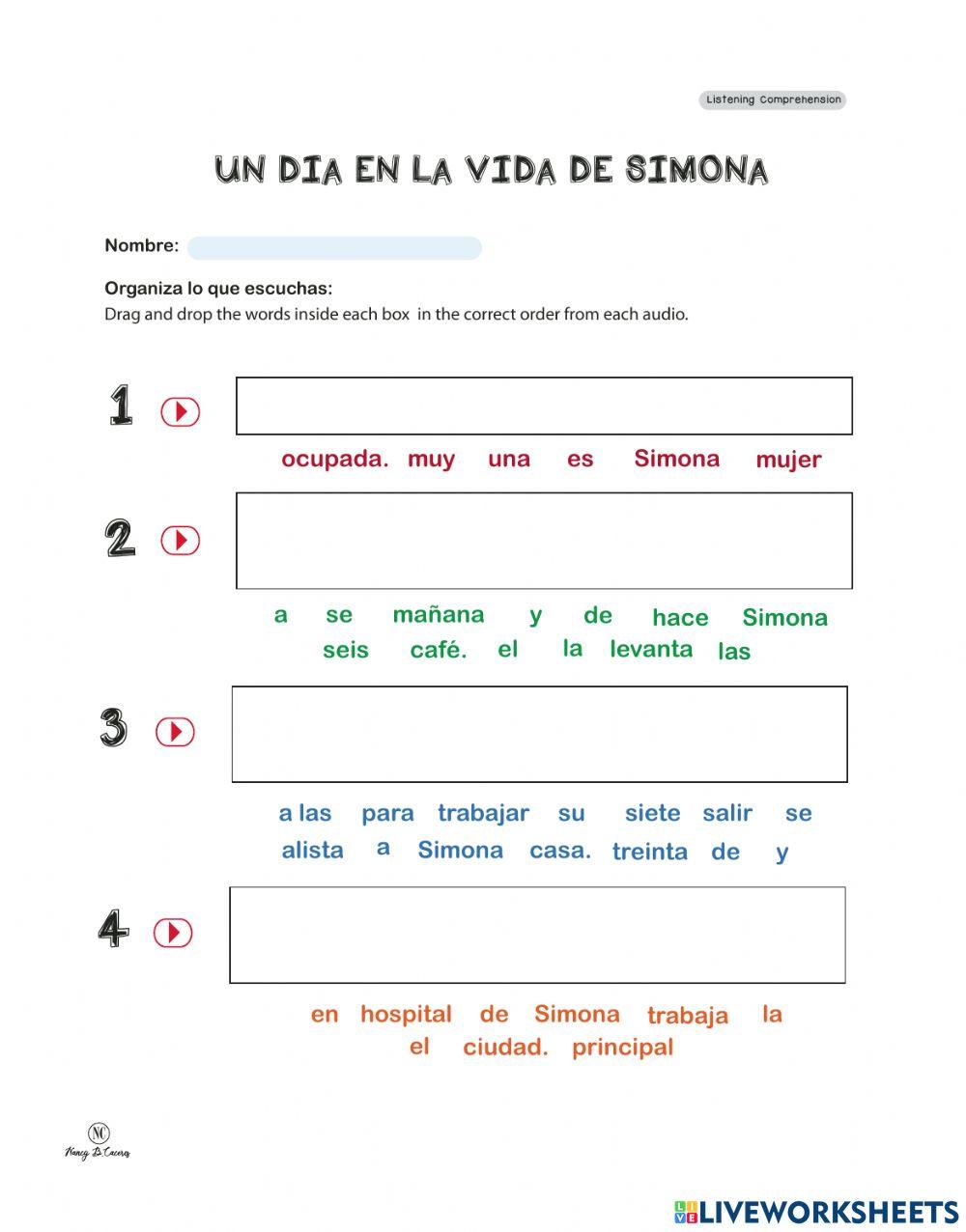 Listening Comprehension. Un dia en la vida de Simona.