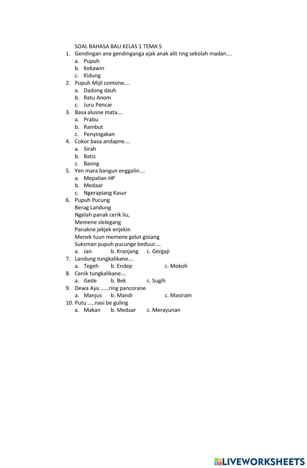 Soal Bahasa Bali Kelas 2 Tema 5