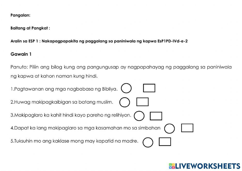 ESP 1: Nakapagpapakita ng paggalang sa paniniwala ng kapwa