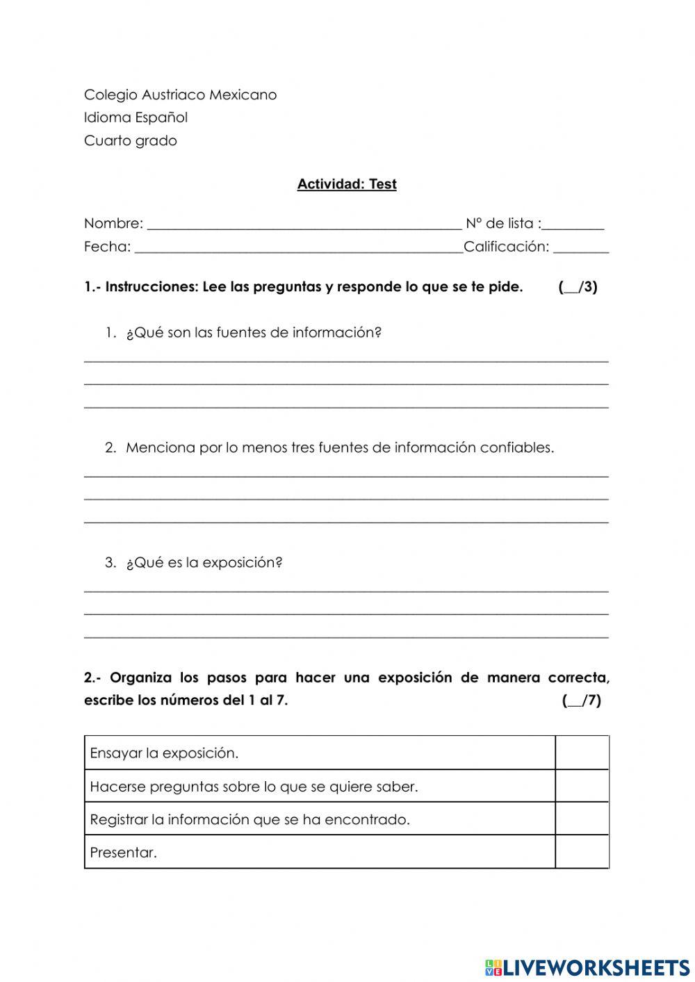 Test de español. Exposición