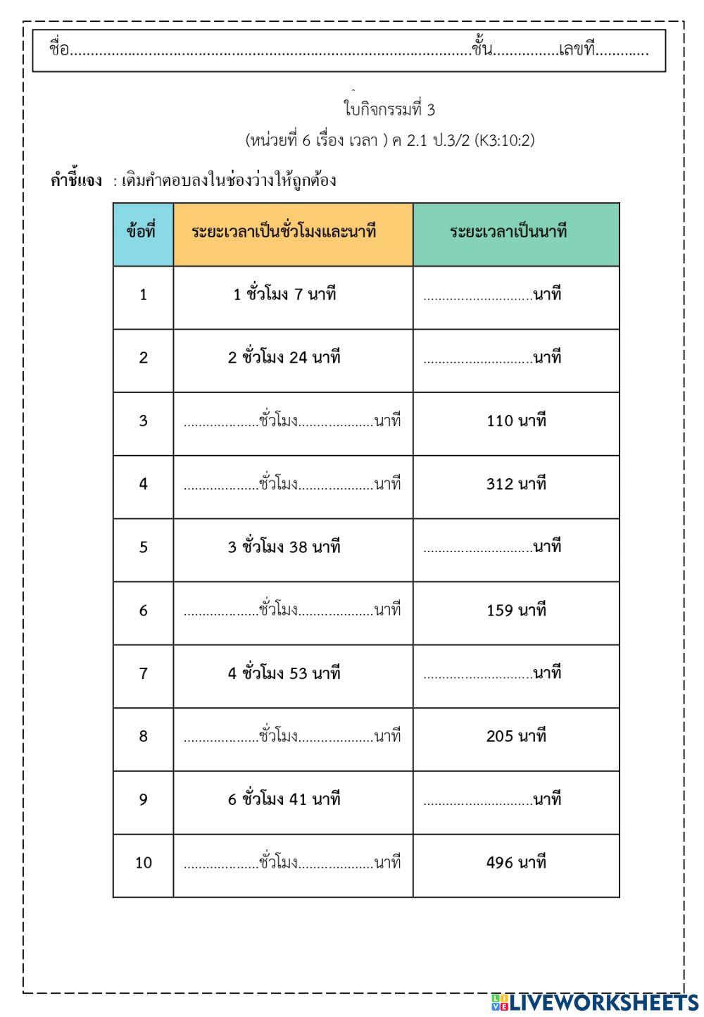 ใบกิจกรรมที่3 เวลา