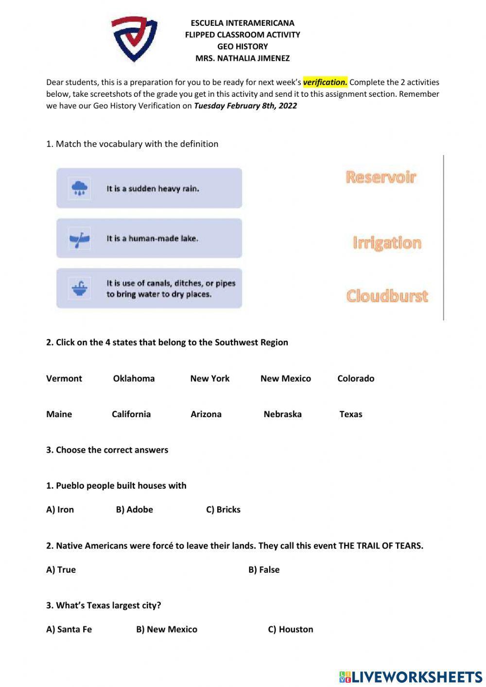 Review: The Southwest worksheet | Live Worksheets