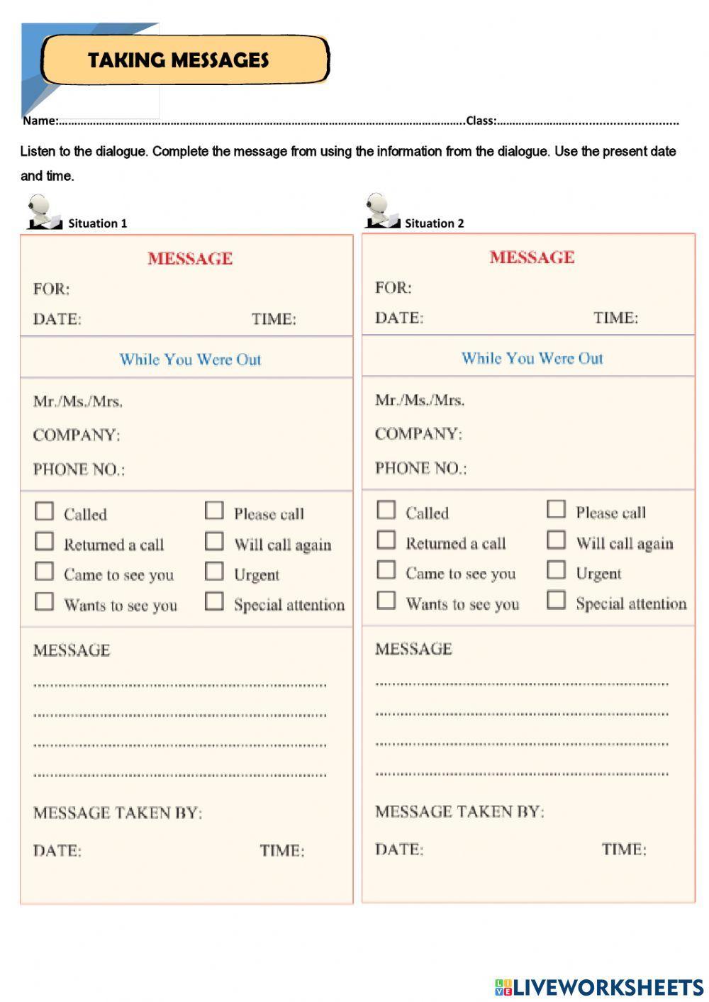 1847083 Taking Messages Chananchida LiveWorksheets 1847083-taking-messages-chananchida-liveworksheets