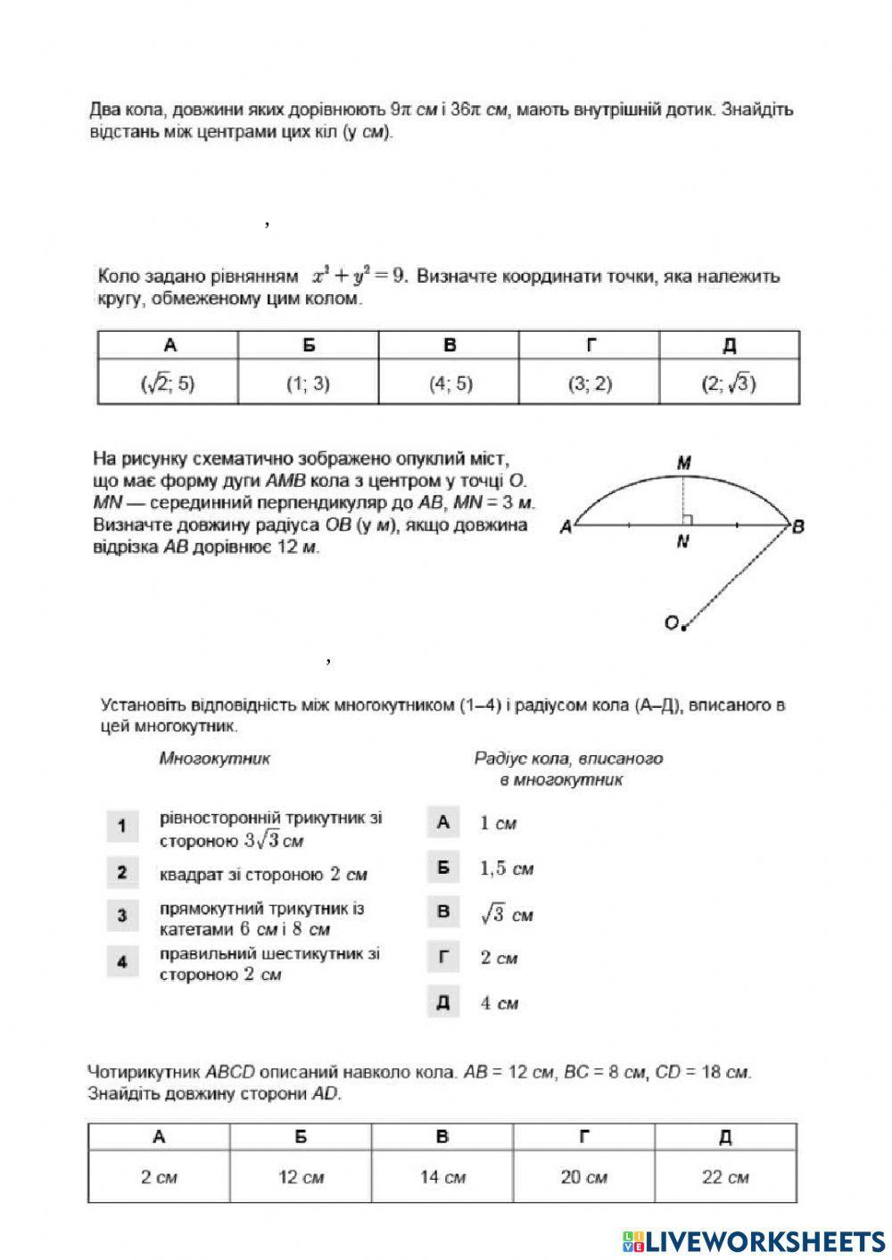 Коло в планіметричних задачах ЗНО