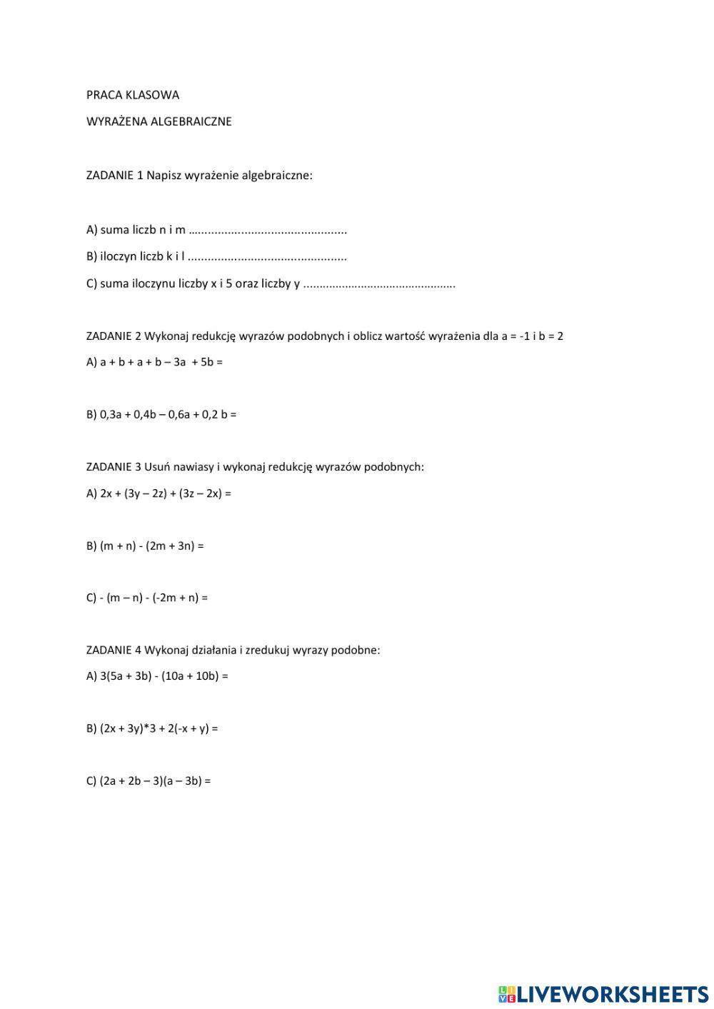 Wyrażenia Algebraiczne Sprawdzian Klasa 7 2713585 | WYRAŻENIA ALGEBRAICZNE - sprawdzian klasa 7