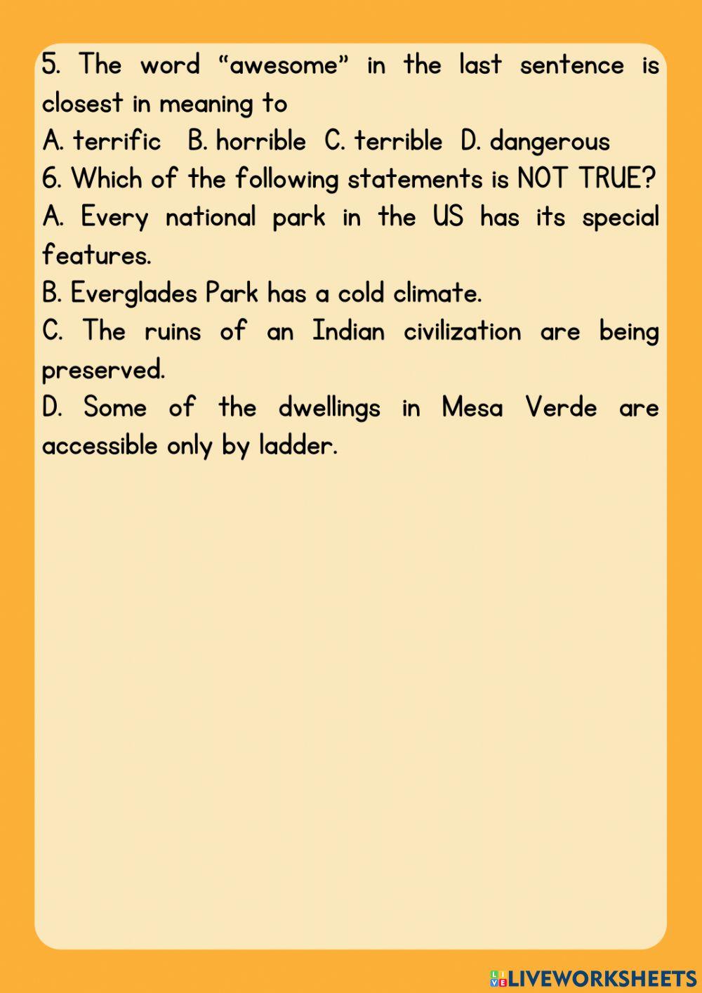 UNIT 11: NATIONAL PARKS - reading Q-A