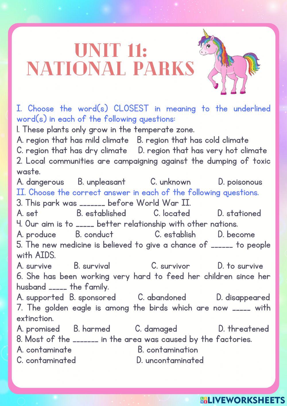 UNIT 11: NATION PARK vocabulary check worksheet Live Worksheets
