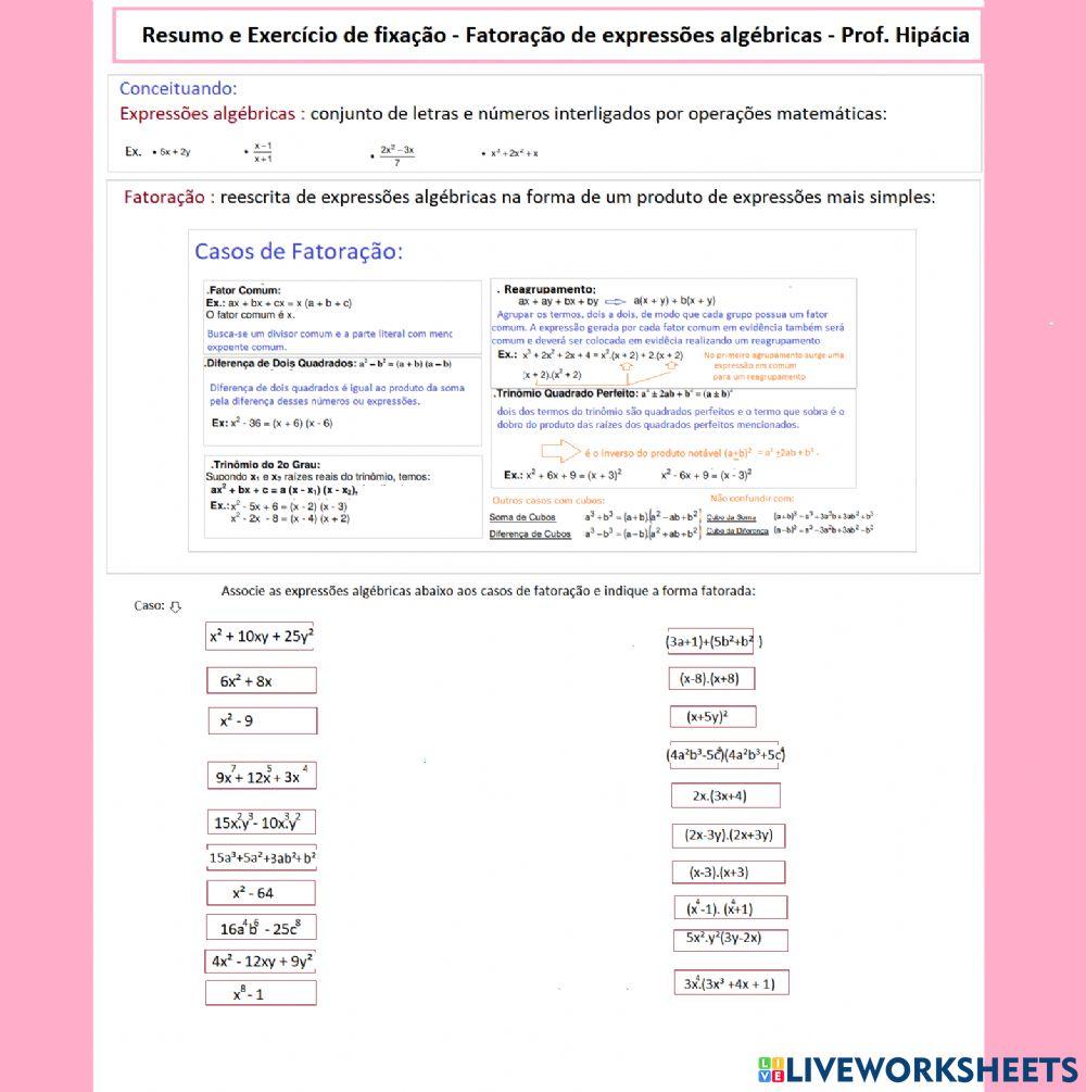 Resumo e exercícios de fatoração de expressões algébricas