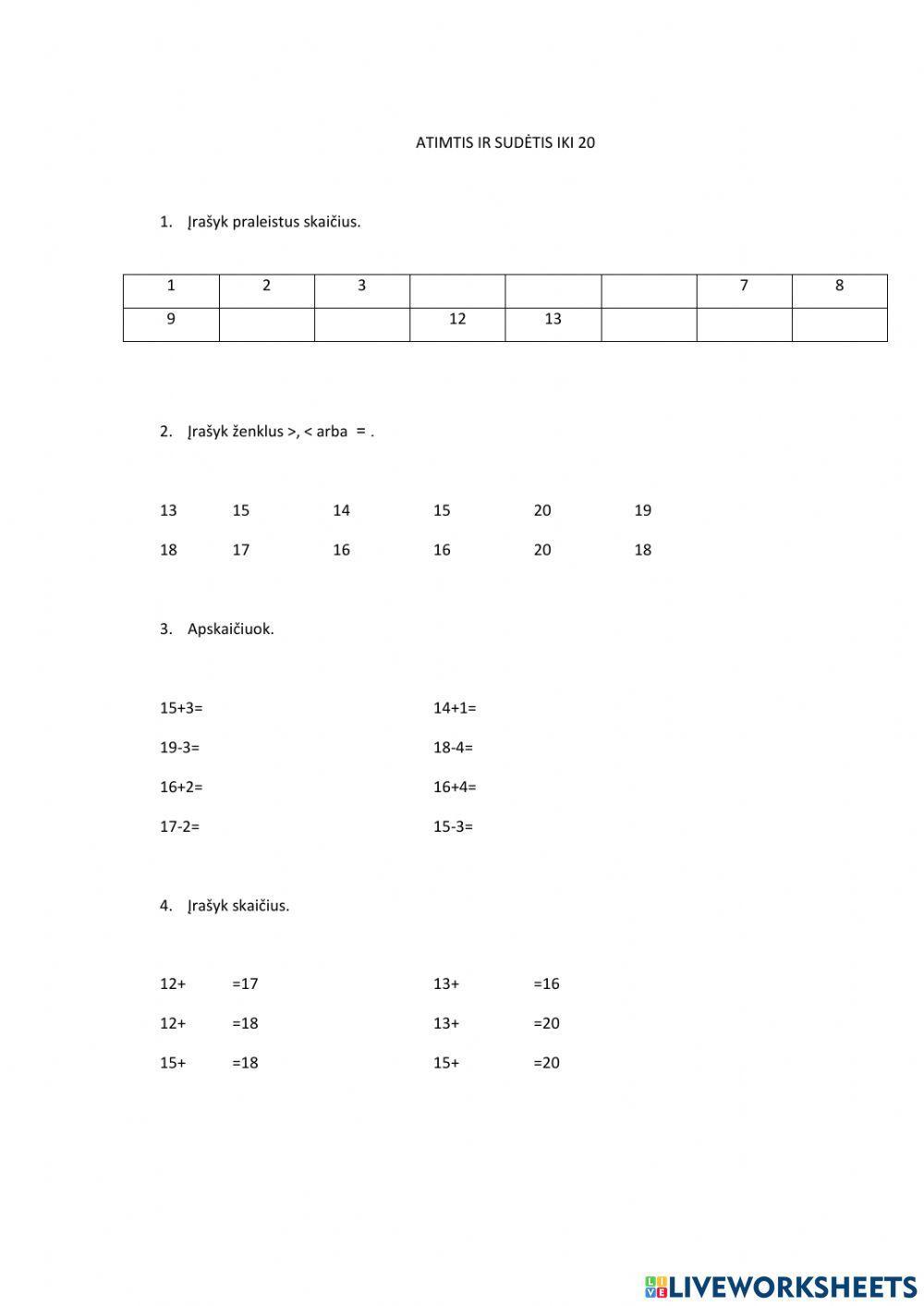 Sudėtis ir atimtis iki 20