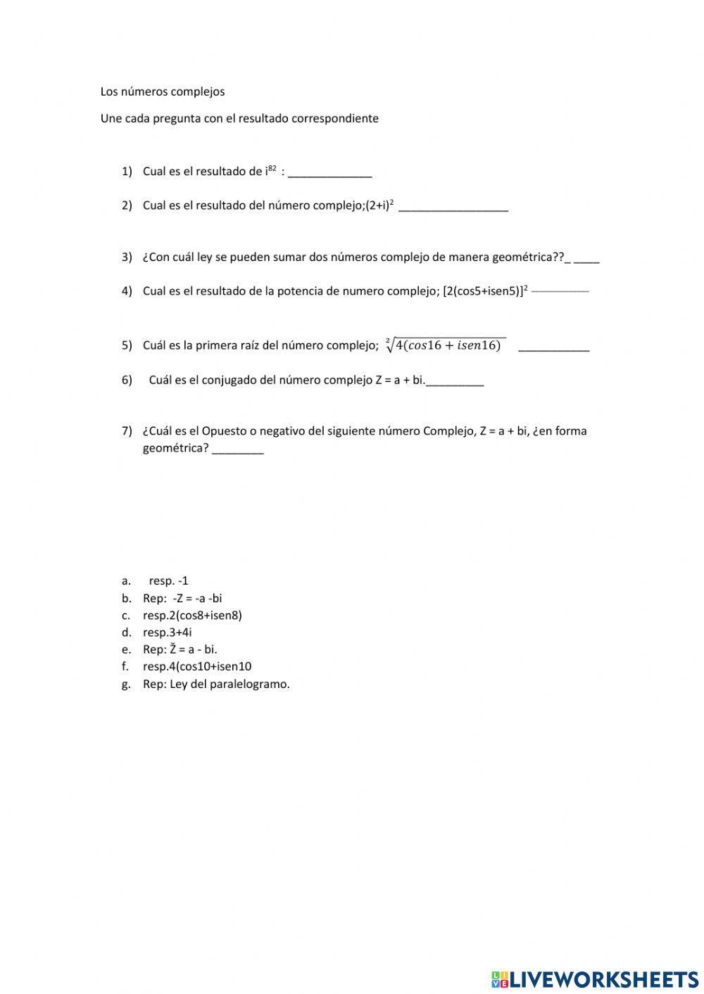 Los numeros complejos, grupo I