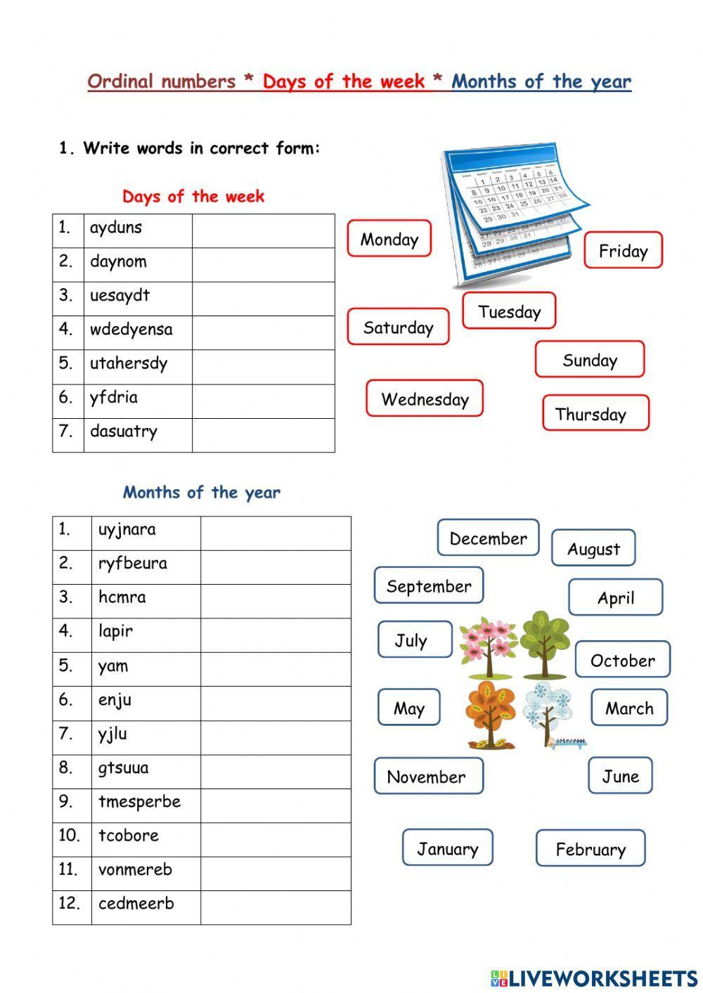 Ordinal numbers, days, months Ordinal numbers, days, months