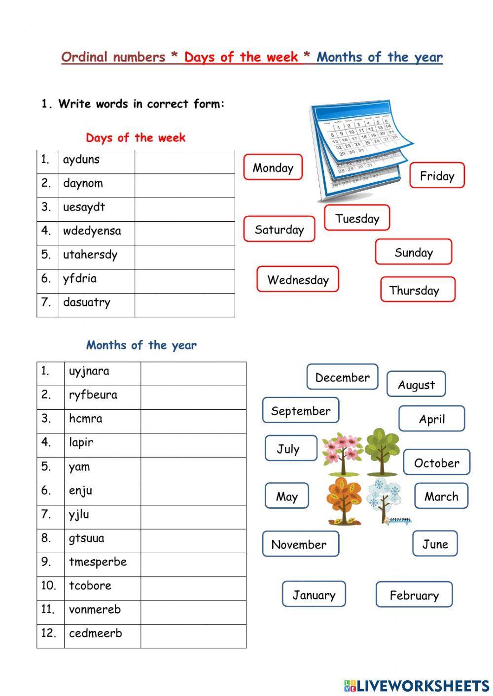 Ordinal numbers, days, months