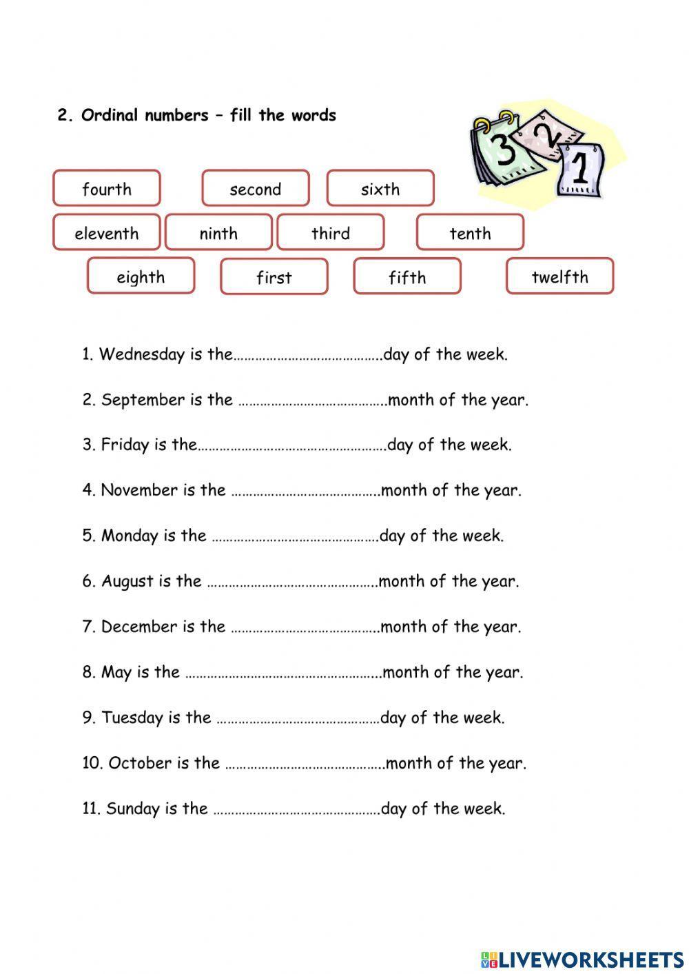 Ordinal numbers, days, months Ordinal numbers, days, months
