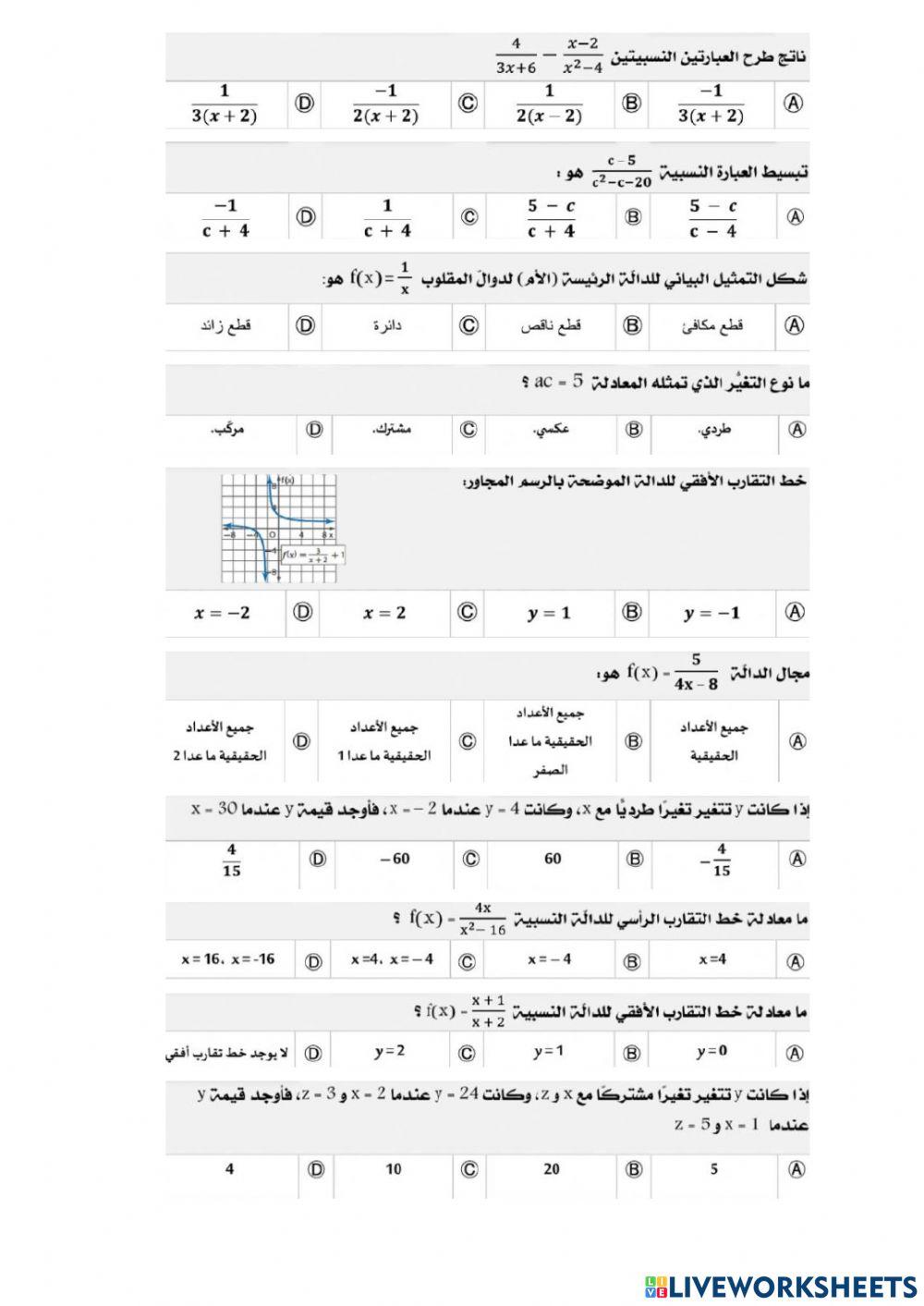 مراجعة فصل العلاقات والدوال النسبية