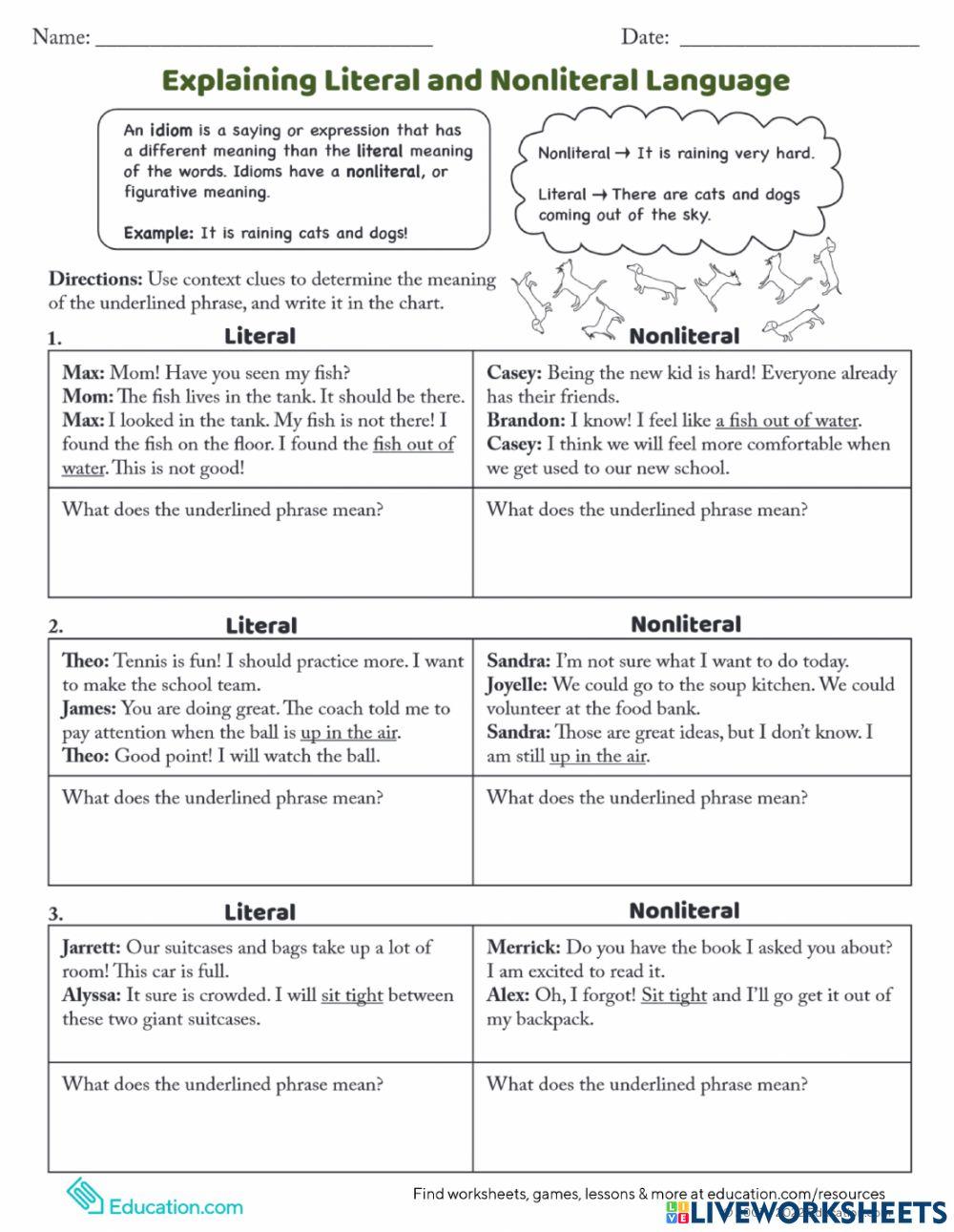 Explaining Nonliteral and Literal Language worksheet Live Worksheets