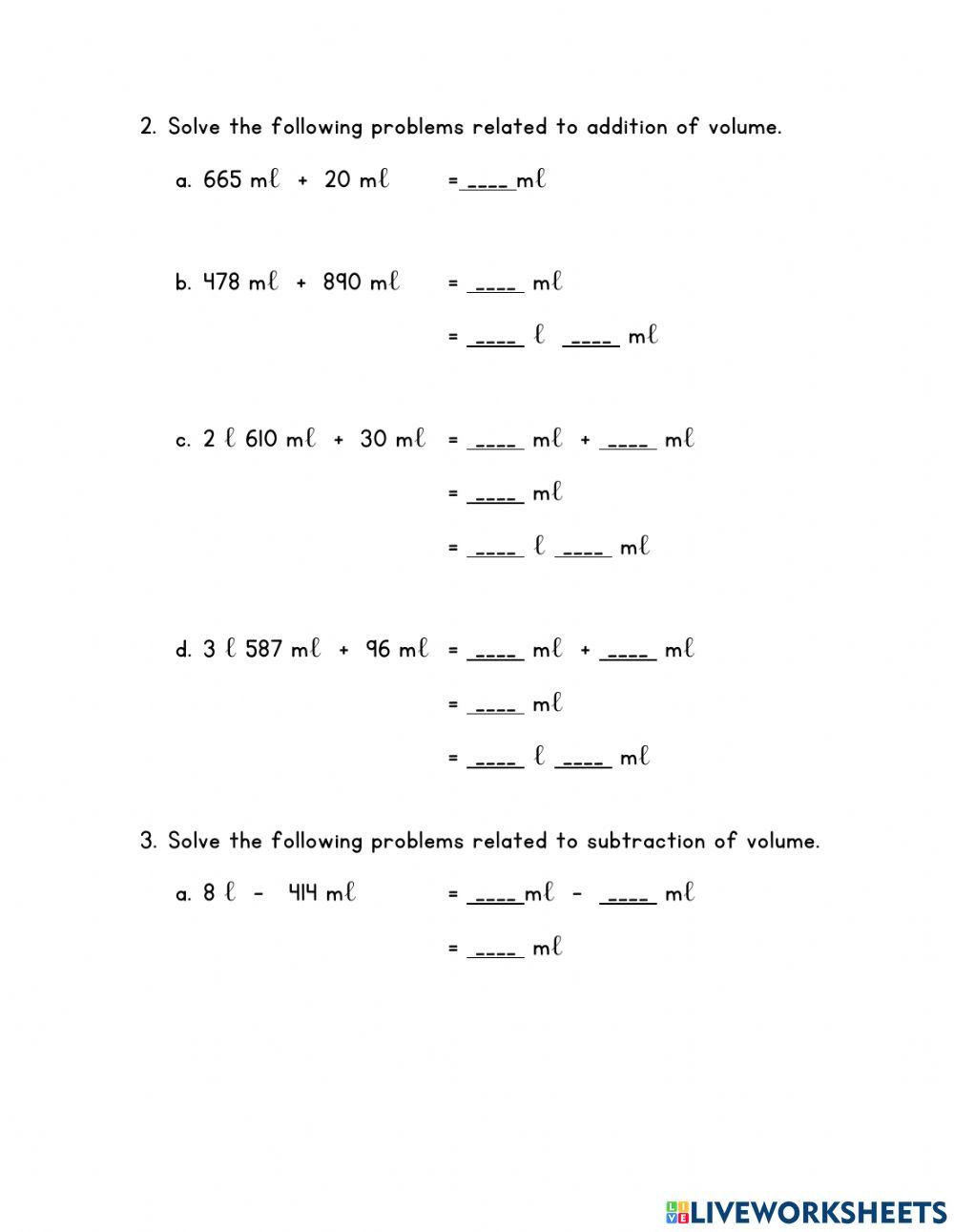 Addition and Subtraction of Volume of Liquid