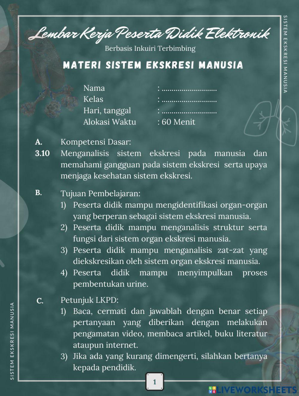 LKPD Elektronik Berbasis Inkuiri Terbimbing Materi Sistem Ekskresi Manusia 1