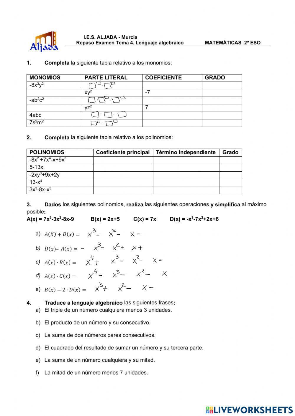 Repaso examen Lenguaje algebraico 2ºESO