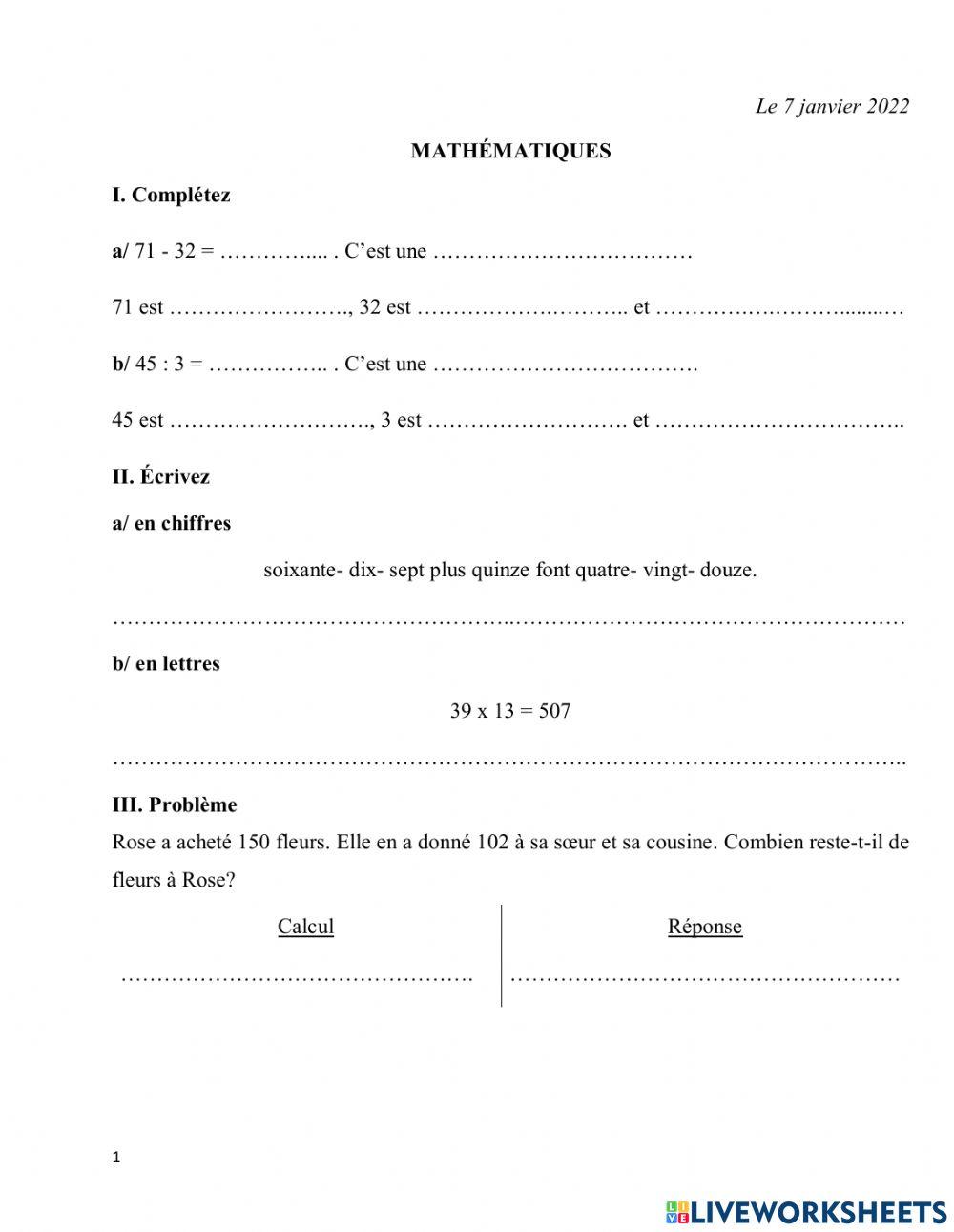 Maths-Resvision de fin du semestre le 7.1.2022