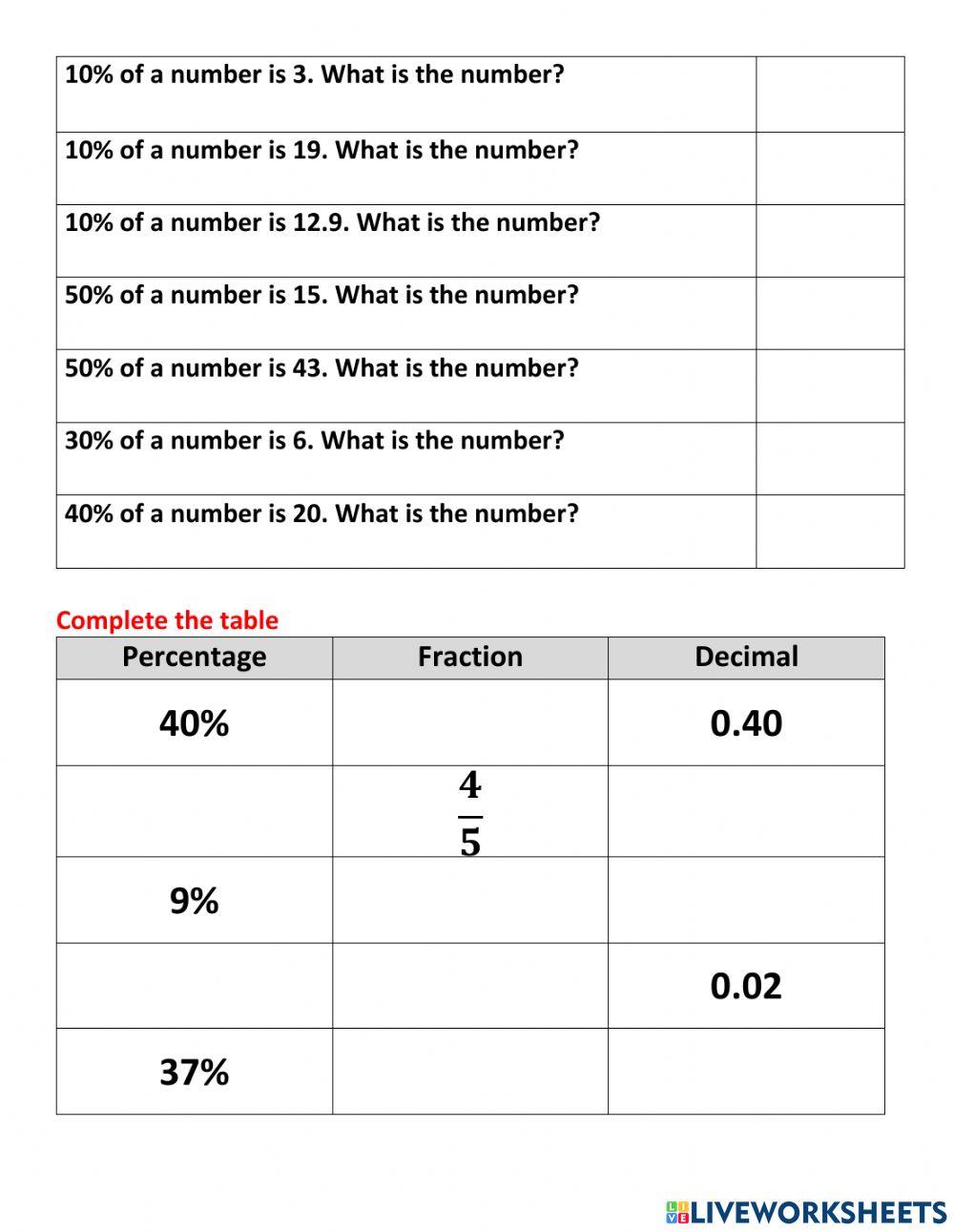 Percentage practice worksheet | Live Worksheets