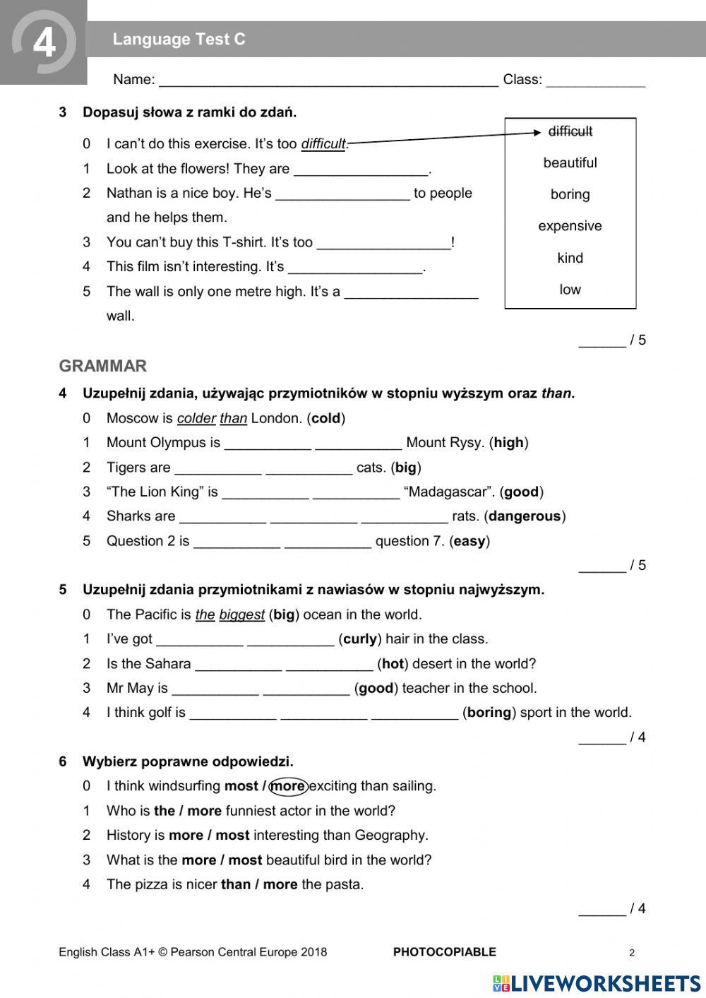 English Class A1+ Unit 4 Test English class A1+ unit 4 test (low level) online exercise for | Live