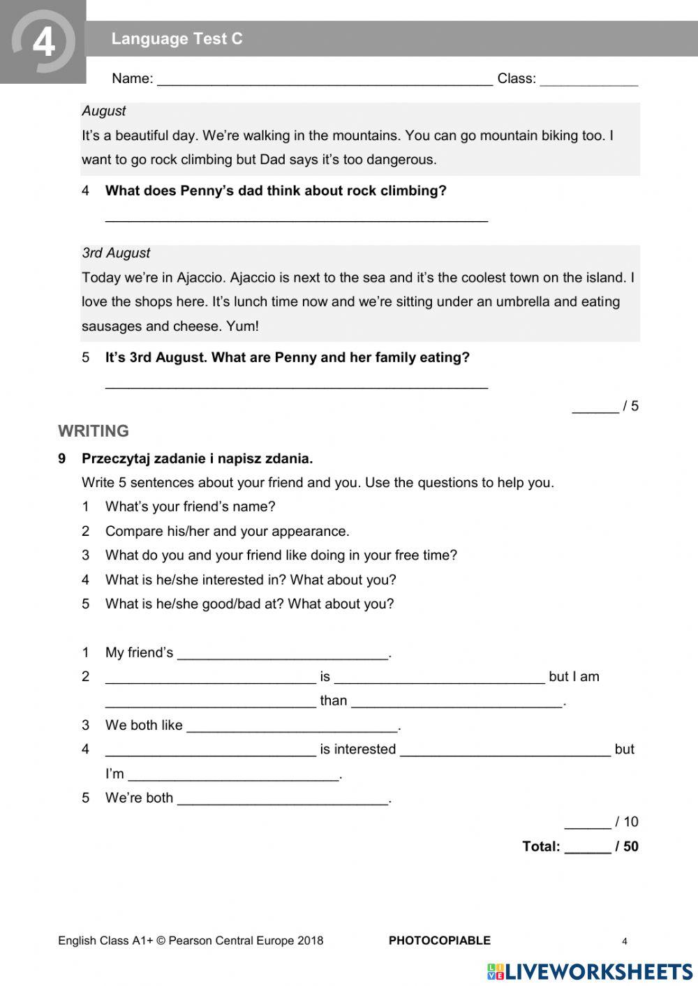 English Class A1+ Test Unit 4 English class A1+ unit 4 test (low level) online exercise for | Live
