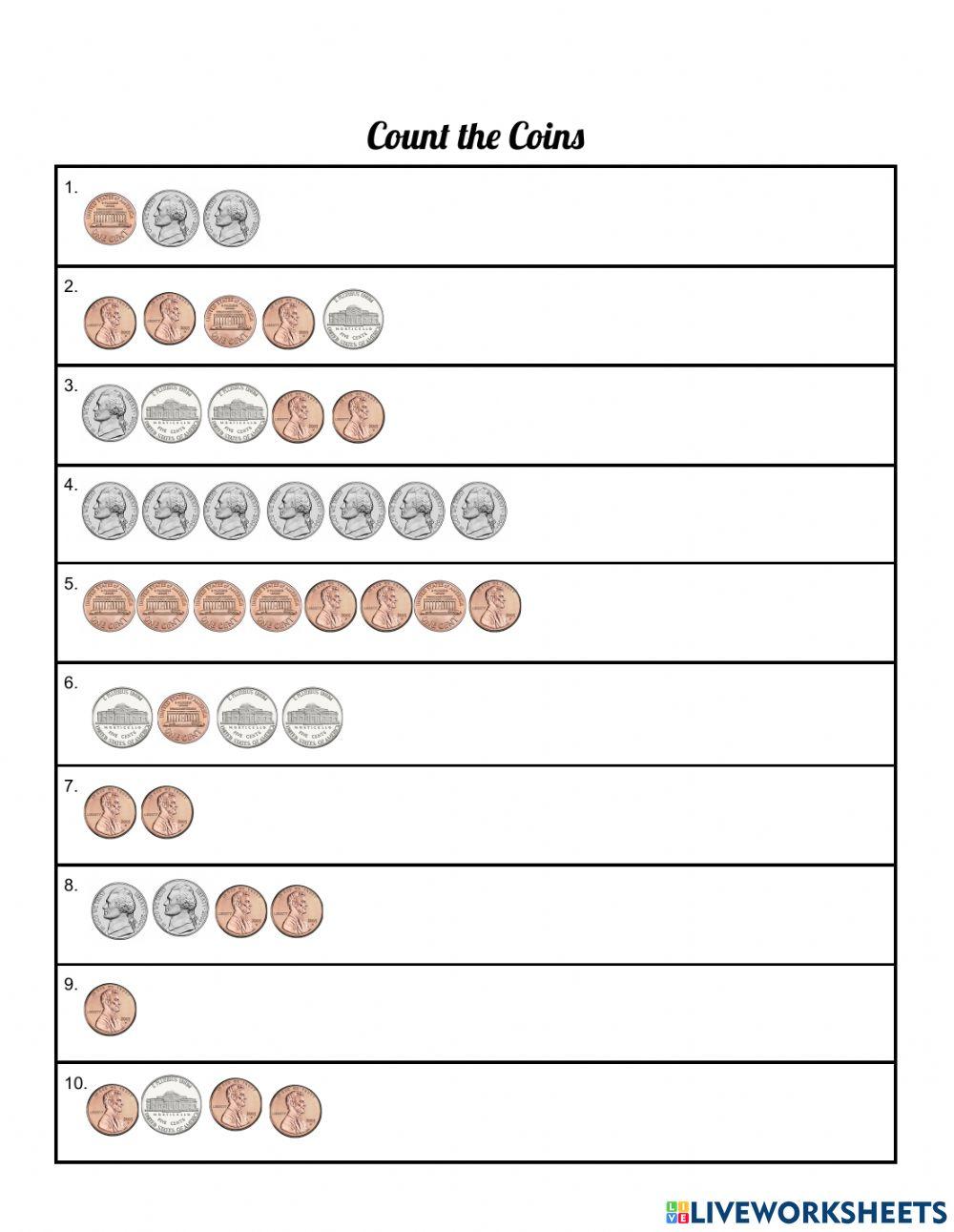 Counting Coins - Pennies and Nickels interactive worksheet | Live ...