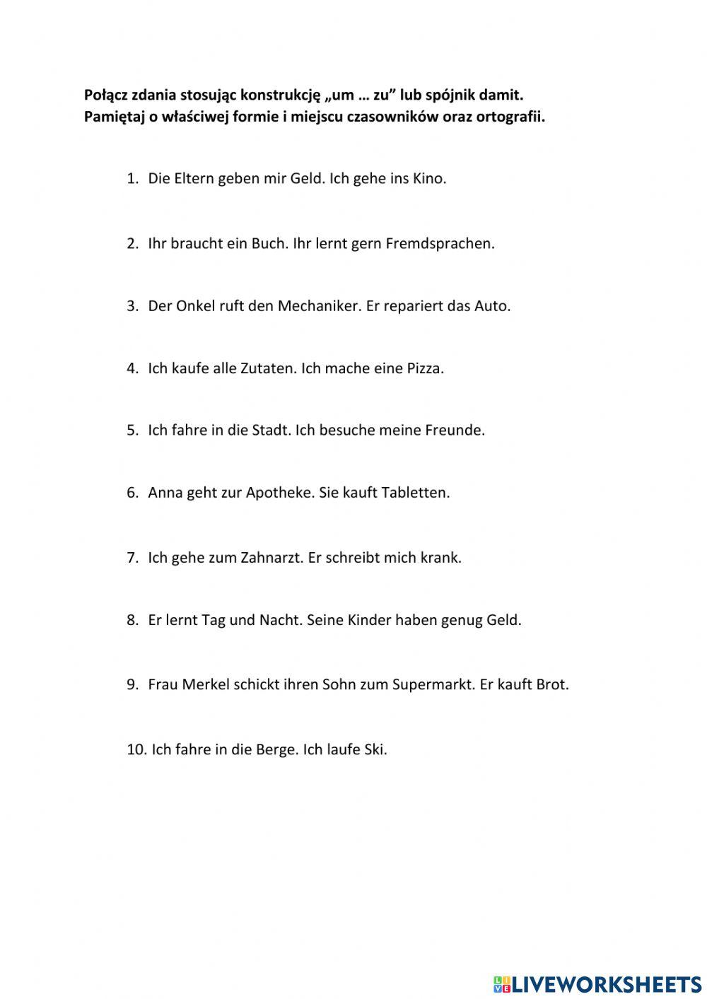 Damit Oder Um Zu übungen um zu, damit 2 online exercise for | Live Worksheets